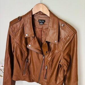 City Chic Cognac Faux Leather Crop Jacket Size 14